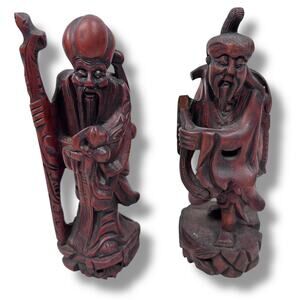 Vintage Chinese Hand Carved Figurines Brown Wood Oriental Decor Statues Lot of 2